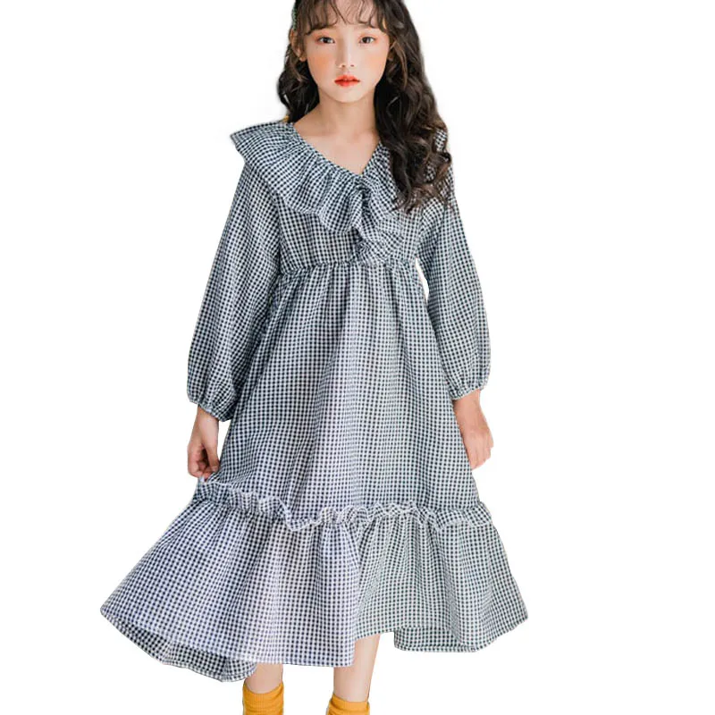 Хлопковое платье принцессы в клетку с длинными рукавами для девочек-подростков 4, 6, 8, 10, 12, 14, 16 лет осеннее элегантное детское Макси-платье с оборками