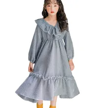 Хлопковое платье принцессы в клетку с длинными рукавами для девочек-подростков 4, 6, 8, 10, 12, 14, 16 лет осеннее элегантное детское Макси-платье с оборками