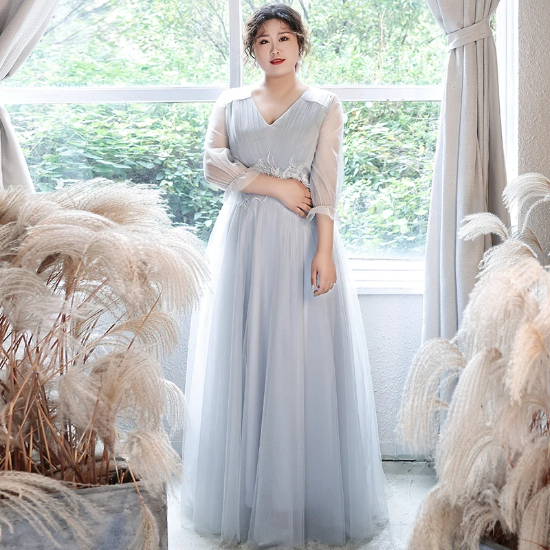 

New Deep V-Neck Evening Dress Empire Embroidery Elegant Half Sleeve Pleat Floor-Length A-Line Plus Size Women Formal Gowns D1223