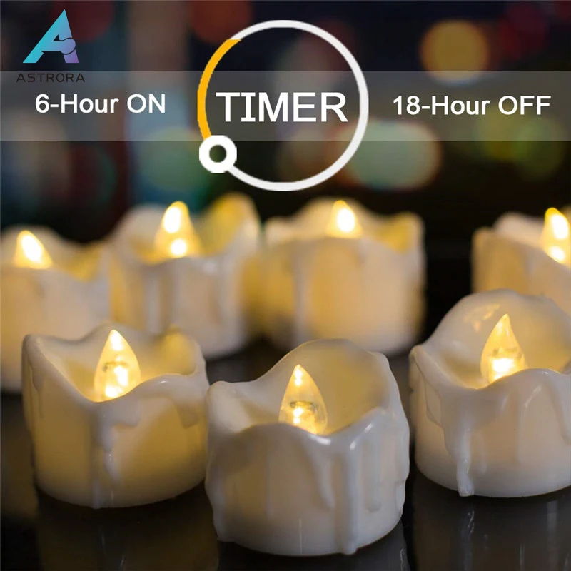 

ASTRORA 12Pack Timer Tea Light Candles Warm White Electric Tealight Battery Operated Votive Candles Flickering Dripping Wax Look