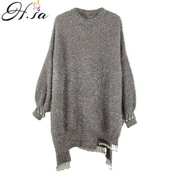 

H.SA 2019 Women Fashion Knitted Pullover and Sweaters Oneck Soft Warm Mohair Beading Irregular Long Sweater and Jumper Winter Pu