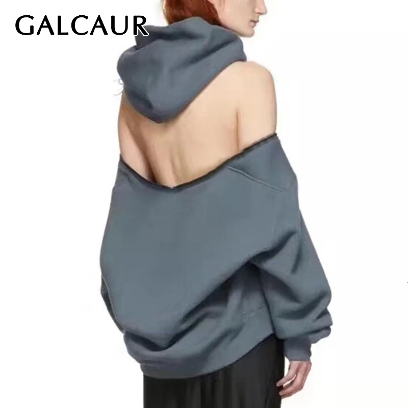 Женская толстовка с капюшоном GALCAUR черная Асимметричная длинными рукавами