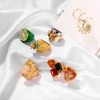 

2020 New ZA Bohemian Design Natural Stone Fruits Shell Rings for Women Fashion Watermelon Pineapple Ring Spring Summer Jewelry