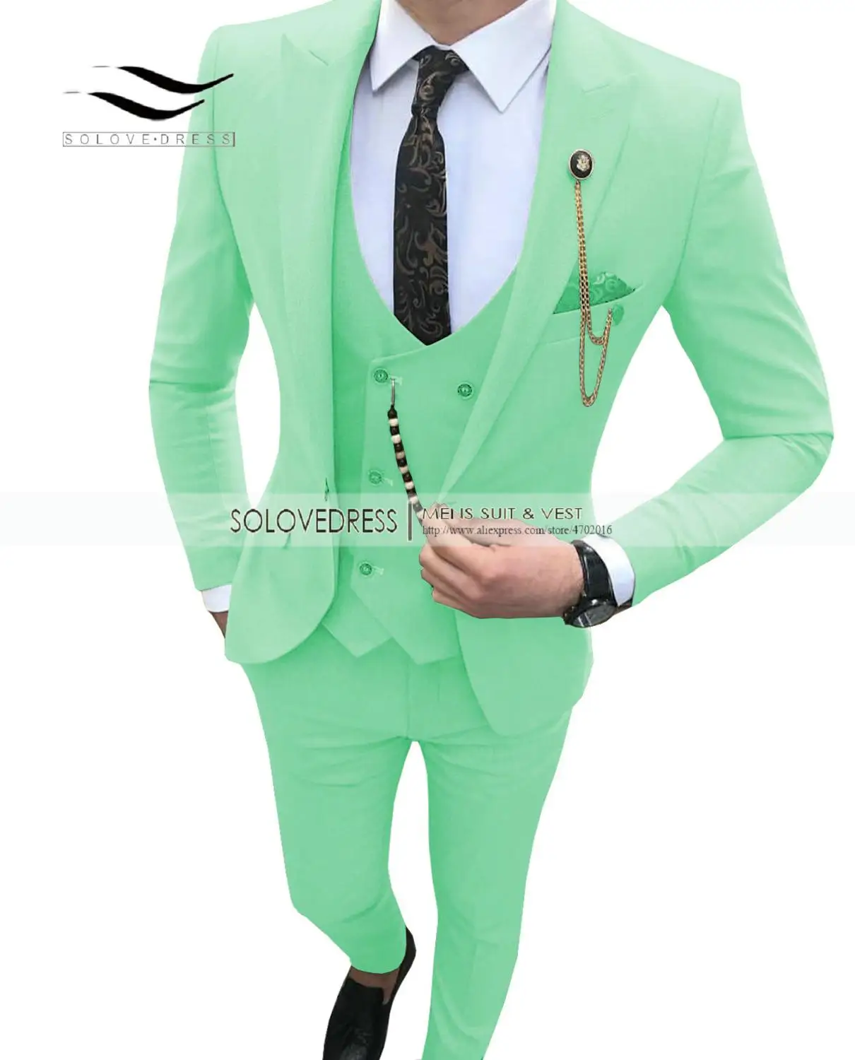 Mint Green Модные мужские костюмы, приталенные, 3 предмета, смокинги на выпускной, с отворотом, Женихи, мужские свадебные, серый/бежевый/королевский синий(Блейзер+ жилет+ брюки - Цвет: Mint Green