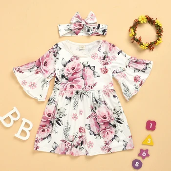 

Infant Baby Girls Flare Sleeve Floral Print Princess Dresses headband Fashion Outfits Girls Spring Summer Cute