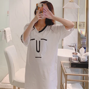 

Women Soft Sleep Wear Sleeve V-neck Mid-length Solid Color Letter Girl Long T-shirt Nightdress Home Service