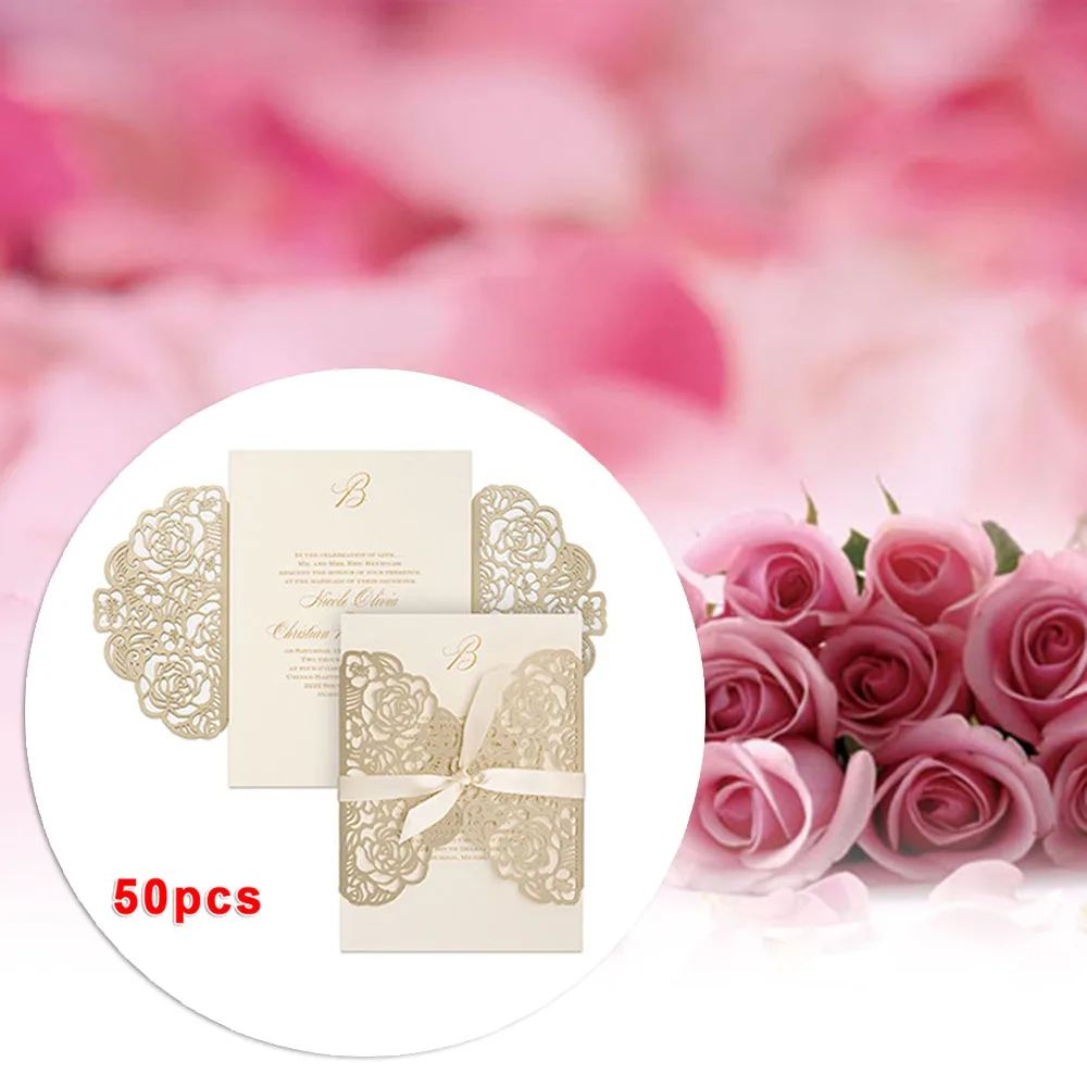  50pcs Folded Paper Hollow Exquisite Wedding Invitation & Greeting Card w/ Ribbon Holiday Greeting C - 4.00034E+12