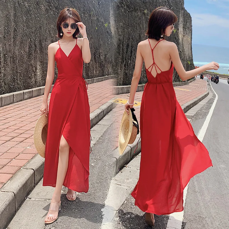 Women Maxi Red Backless Straps Dress Elegant Summer Casual Vacation