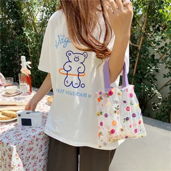 

3D Embroidered Portable Shopping Bag Translucent Small Mesh Bag Reusable Foldable Eco Grocery Totes Women Clear Storage Handbag