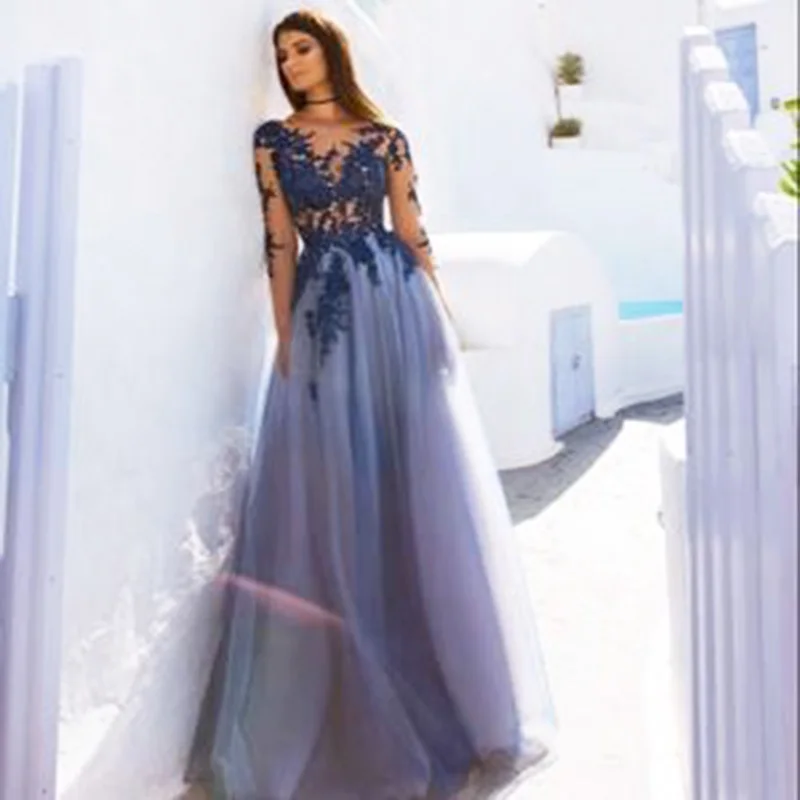 

2020 Elegant Prom Dresses Tulle Long Sleeves lace Applique Evening dress Women Evening Wear Gown robe de soiree