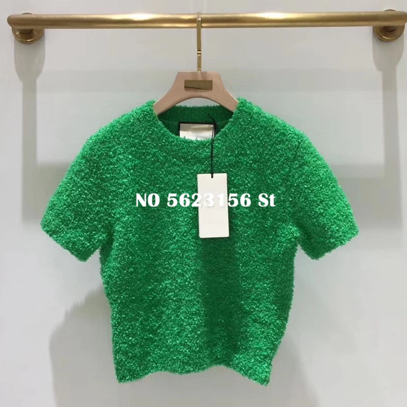 

2020 Summer Green Short Sleeve Sweater runway design Luxury Embroidery O-Neck Pullovers Tops Women Knit Sweaters Casual Clothes