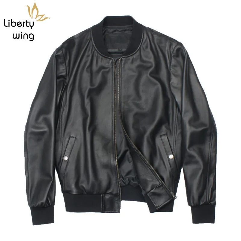

Spring Autumn Mens Sheepskin Genuine Leather Short Stand Collar Windproof Bomber Jacket Unisex Outwear Coat Biker Jackets