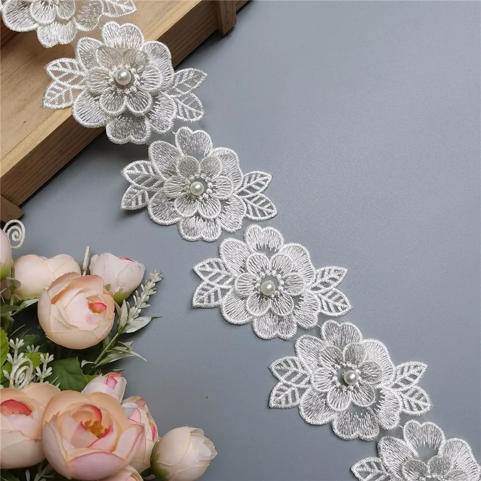 Nastro Di Pizzo Vintage Con Perline E Rose Ricamate – Lunghezza 0,9m X Larghezza 5cm – Per Abiti Da Sposa E Fai Da Te - 3