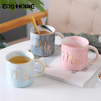 

400ml Marble Ceramic Coffee Mugs Gold Monogram Mr and Mrs Teacups Couple Mug Milk Juice Breakfast Cup Creative Wedding Gift