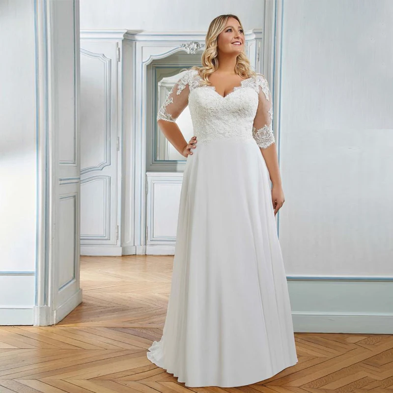 

Plus Size Wedding Dresses V Neck 3/4 Sleeve A Line Applique Chiffon Beach Bohemian Bridal Gowns Sweep Train Robe De Mariée