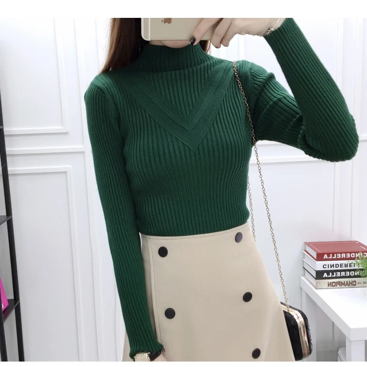 

TingYiLi Autumn Pullover Women High Neck Gray Red Green Pink Black White Sweater Korean Basic Solid Sweaters Female