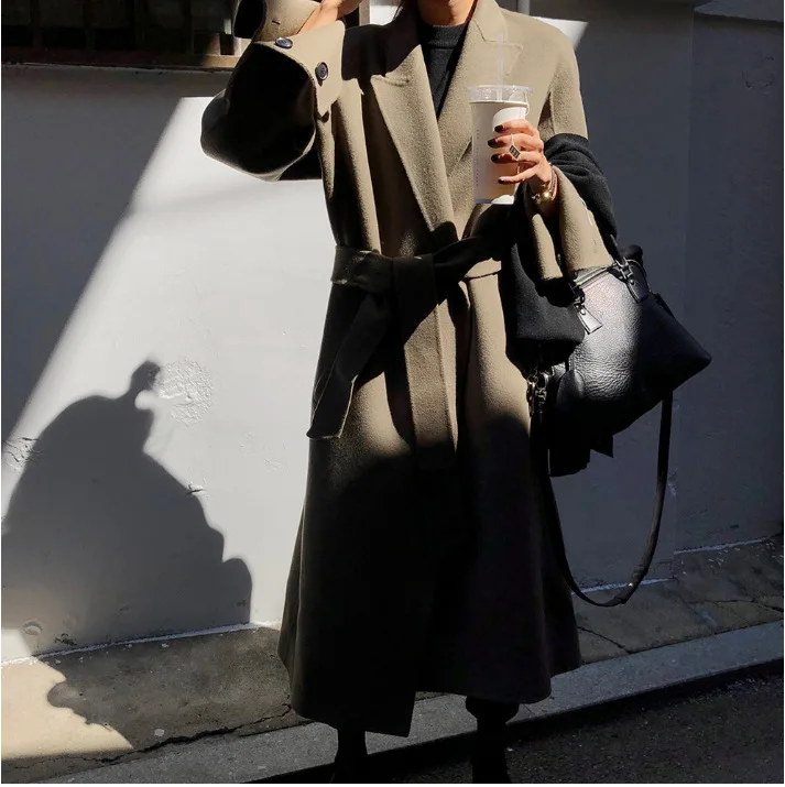Women Winter Green Super Long Wool Overcoat Elegant Double-sided Woolen Coat Jacket with Waist Belt Brief Loose Outwear