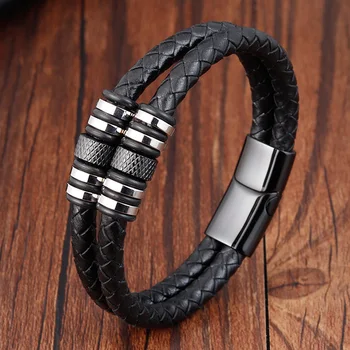 Fashionable Multi-layer Combination Cross Stitched Leather Men's Stainless Steel Bracelet for New Year Gifts Male Jewelry