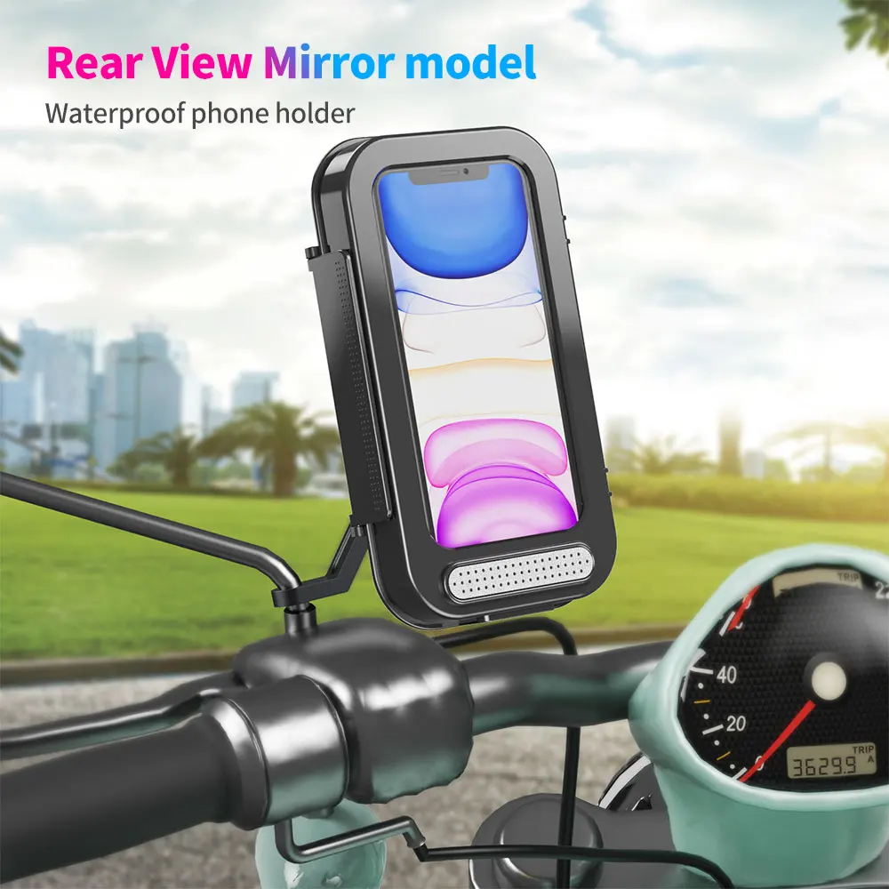 

Motorcycle Phone Waterproof Case Motorcycle Cell Phone Holder with Aluminum alloy Support 360°Rotation Motorbike Rearvie Mount