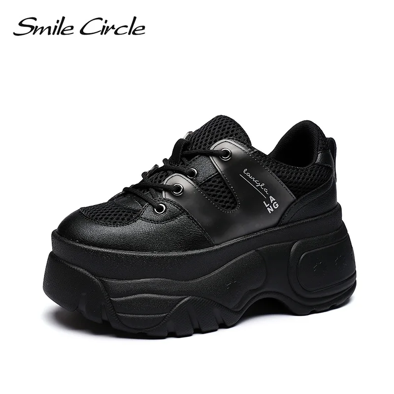 Smile Circle Genuine Leather Sneakers Women Flat Platform Shoes Autumn Breathable mesh women Thick bottom shoes - Цвет: Черный