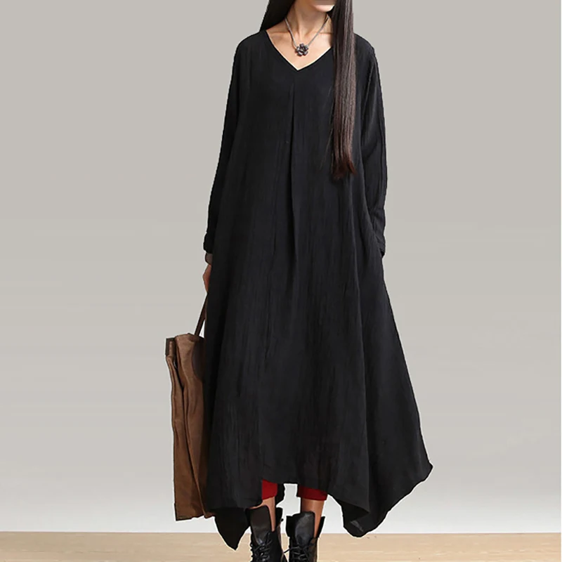 

[EWQ] New Summer Autumn 2019 Fashion Black V-neck Long Sleever Pocket Pleated Irregular Hem Loose Dress Women Tide QE295