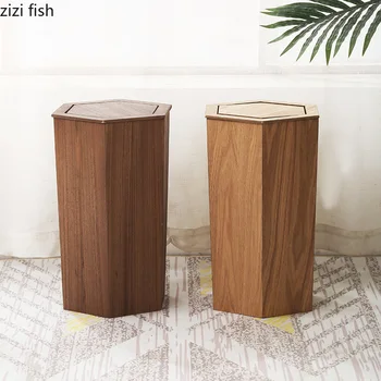 Wooden Trash Can Home Cleaning Tools Hexagon Garbage Storage Basket Wastebasket Rolling Cover Type Waste Bins Hexagon Trash Can