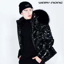 Мужской яркий толстый красивый короткий пуховик из окрашенной кожи, Черный Теплый брендовый пуховик с большим меховым воротником высокого качества