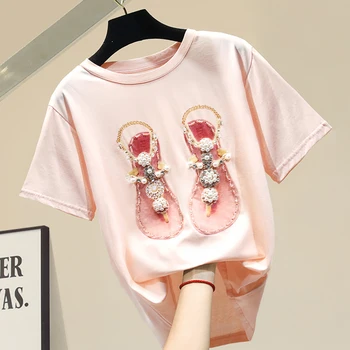 

T-shirt Women Summer Shirts Tops Loose Handmade Beaded Printed Short Sleeve Cotton T-shirt Girls Ladies T Shirt Tees Top
