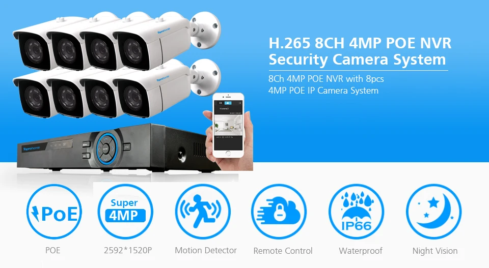 TOPROHOMIE H.265+ 8ch камера безопасности Система 4MP аудио запись наружная POE ip-камера 8CH cctv комплект видеонаблюдения P2P HDMI