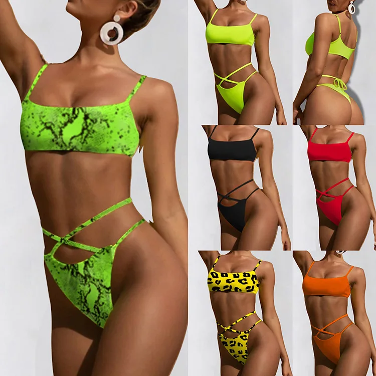 

2019 Foreign Trade AliExpress Amazon WOMEN'S Seperated Swimwear Tube Top Leopord Pattern Bandage Cloth Bikini