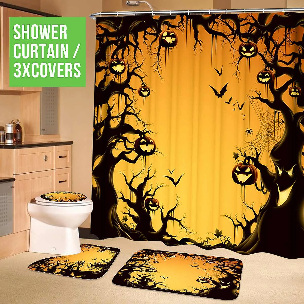 3D US Skull Waterproof Shower Curtain Bathroom Non-Slip Toilet Cover Mat Rug Set 