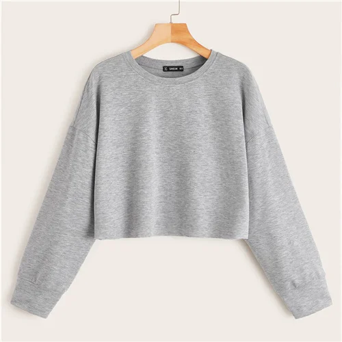 SHEIN Drop Shoulder Raw Hem Crop Sweatshirt Solid Pullover Women Summer Autumn Long Sleeve Round Neck Basic Casual Sweatshirts - Цвет: Серый