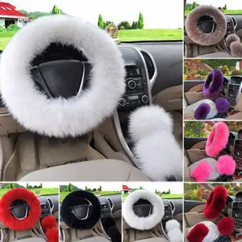 

2020 New Solid Soft Warm Long Wool Fuzzy Steering Wheel Cover Woolen Handbrake Car Accessory Sheep Fur Plush Protector Cover Kit