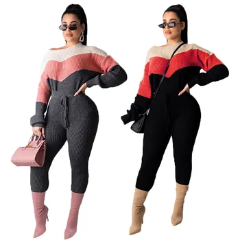 

Women Knitted Suit Two Piece Set Top Pants Set Women Long Sleeve Split Skinny Sweater 2 Piece Set F270