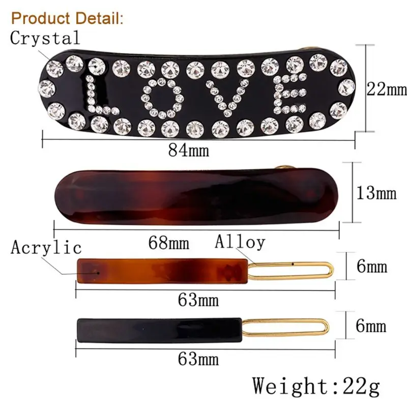 

4 Pcs/set Luxury Fashion Women Hair Clips Charm Lady Girls Shiny Rhinestone Barrettes Word Clip Acetic Acid Acrylic Hairpin 50PE