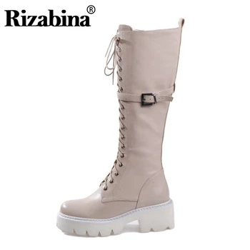 

RIZABINA Real Leather Knee High Boots Women Side Zipper Cross Strap Thick Bottom Shoes Winter Warm Women Footwear Size 34-42
