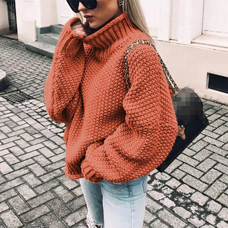 LOGAMI Женская водолазка; свитер осень зима Вязание Свободные пуловеры женксие кофты - Цвет: Оранжевый