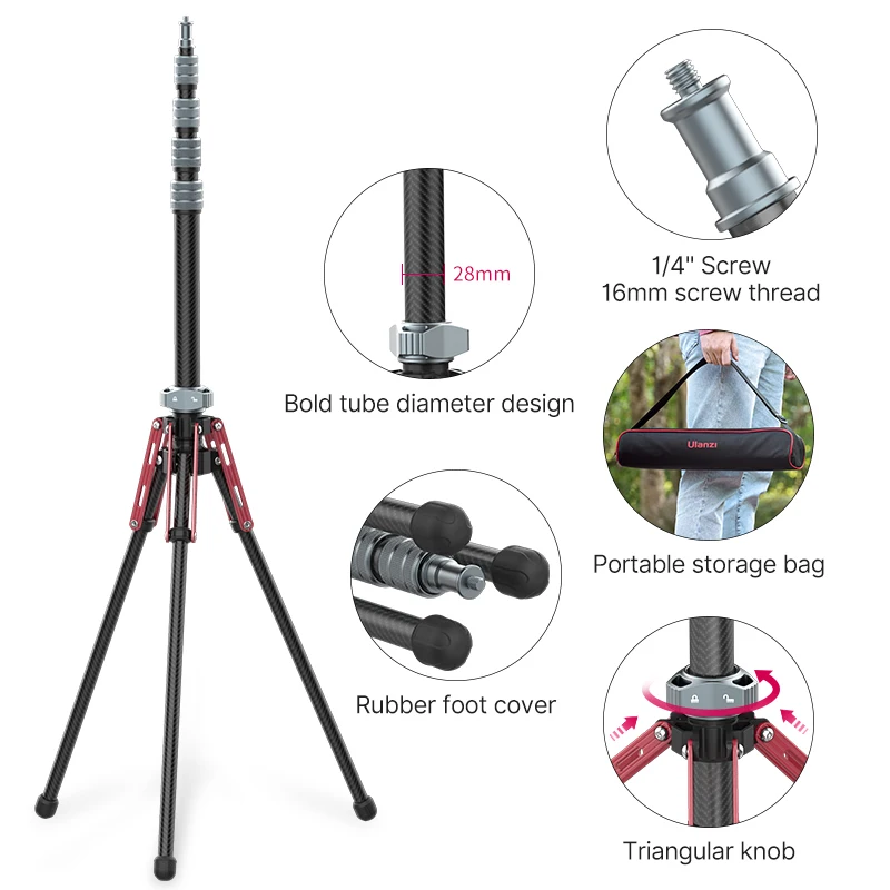 Ulanzi MT-49 탄소 섬유 삼각대, 조절 가능한 전문 여행 모노포드, 휴대폰 DSLR 카메라 사진 소프트박스 스탠드, 195cm