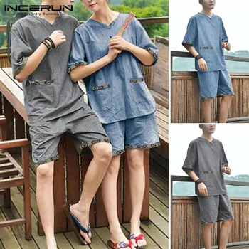 

INCERUN Men Breathable Pajama Sets Unisex Casual Short Sleeve V Neck Printed Patchwork Tops Short Bottoms Suits Loose Nightwear