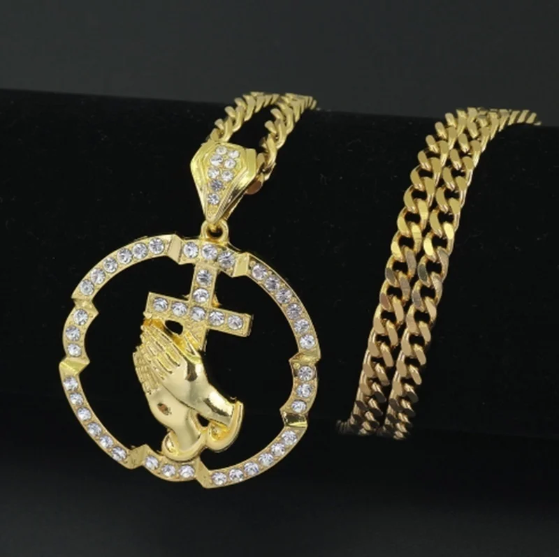 

New Arrival Fashion 18K Gold Men's Iced Out Cross Pray Hands Pendant Diamond Necklace Biker Jewelry