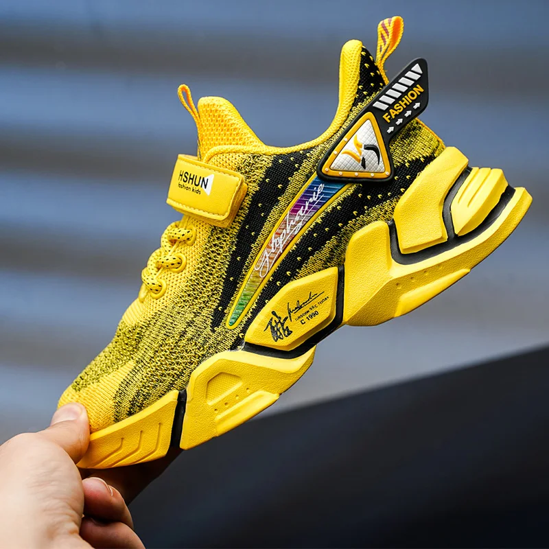 

Hot Sale Kids Boy Sport Shoe Yellow Children Running Shoes Boy Mesh Breathable Kids Gym Shoe Hook & Loop Boy Flat Toddler Shoes