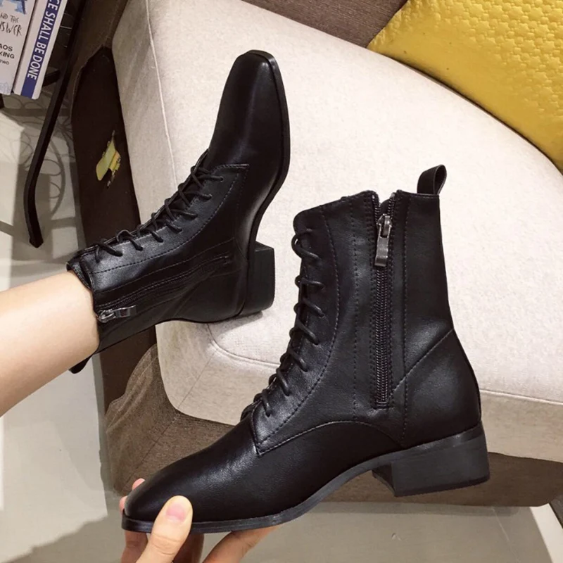 

designer retro square toe lace-up martin boots Korean version soft microfiber leather ankle motorcycle botines thick heels shoes