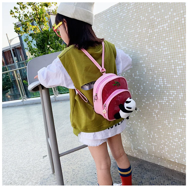 Mini PU leather Crossbody Bag for Little Girls Sequin Gillter School Handbags Teenagers Cute Panda Plush Backpack Pink Black Red (16)