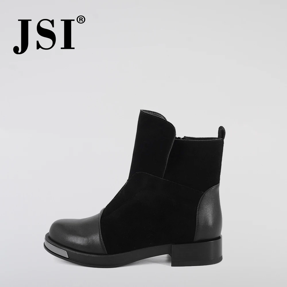 

JSI Fashion Women Boots Ankle Patchwork Slip-On Round Toe Square Heel Shoes Metal Decoration Med Heel Basic Women Boots JC263