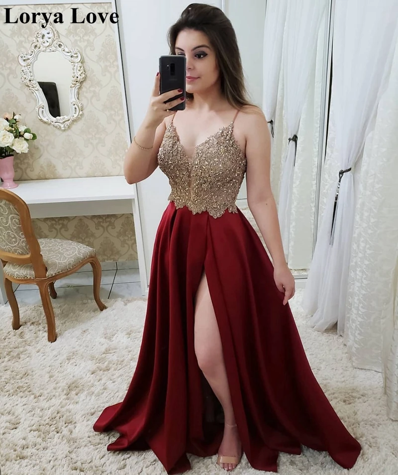 plus Split Ballkleider sexy Abendkleid Satin Frauen Sommer Burgunder Vestidos formelle Perlen schwarz Größe Party elegante rot