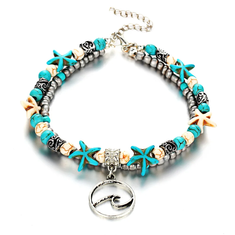 

Fashion Anklet Double Layer Entirely Handmade for Making Wave Beach Turquoise Pendant Anklet