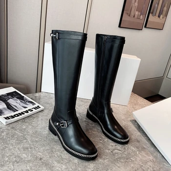 

Designer Women Knee High Boots Fashin Mental Chain Buckle Decor Long Boots For Women Runway Winter Motorcycle Boots Women Boots