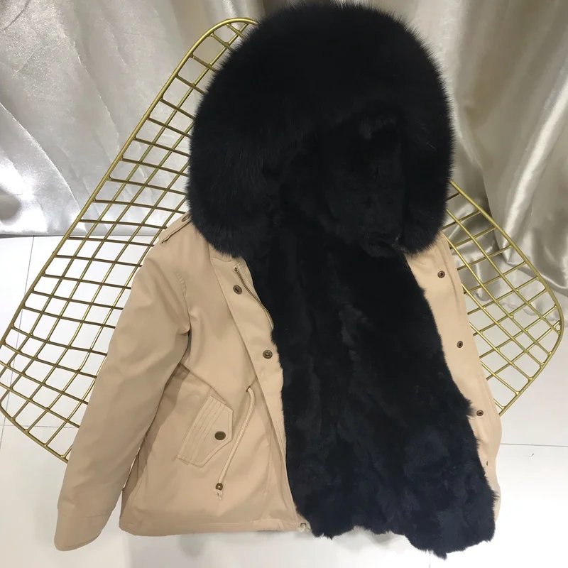 khaki black fur Одежда для маленьких девочек зимняя куртка Настоящий мех кролика парка для девочек, зимние пальто с лисьим мехом, с капюшоном, отделка, одежда для маленьких мальчиков - Цвет: khaki black fur