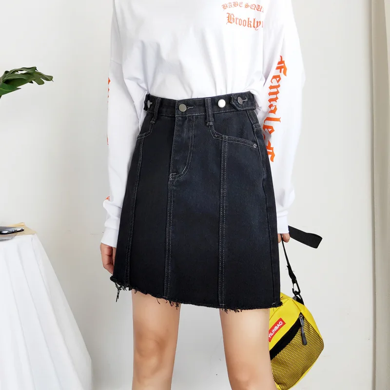 

FAFU Carth 2019 Autumn And Winter New Style Button Joint Skirt Denim Skirt Women's INS Black And White with Pattern High-waisted