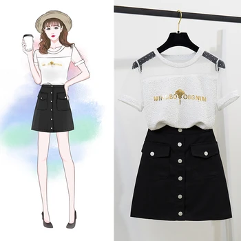 

Summer Mesh Patchwork Letter Short Sleeve Top Shirt High Waist Bodycon Skirt Women's Two Piece Sets Cute Dress
